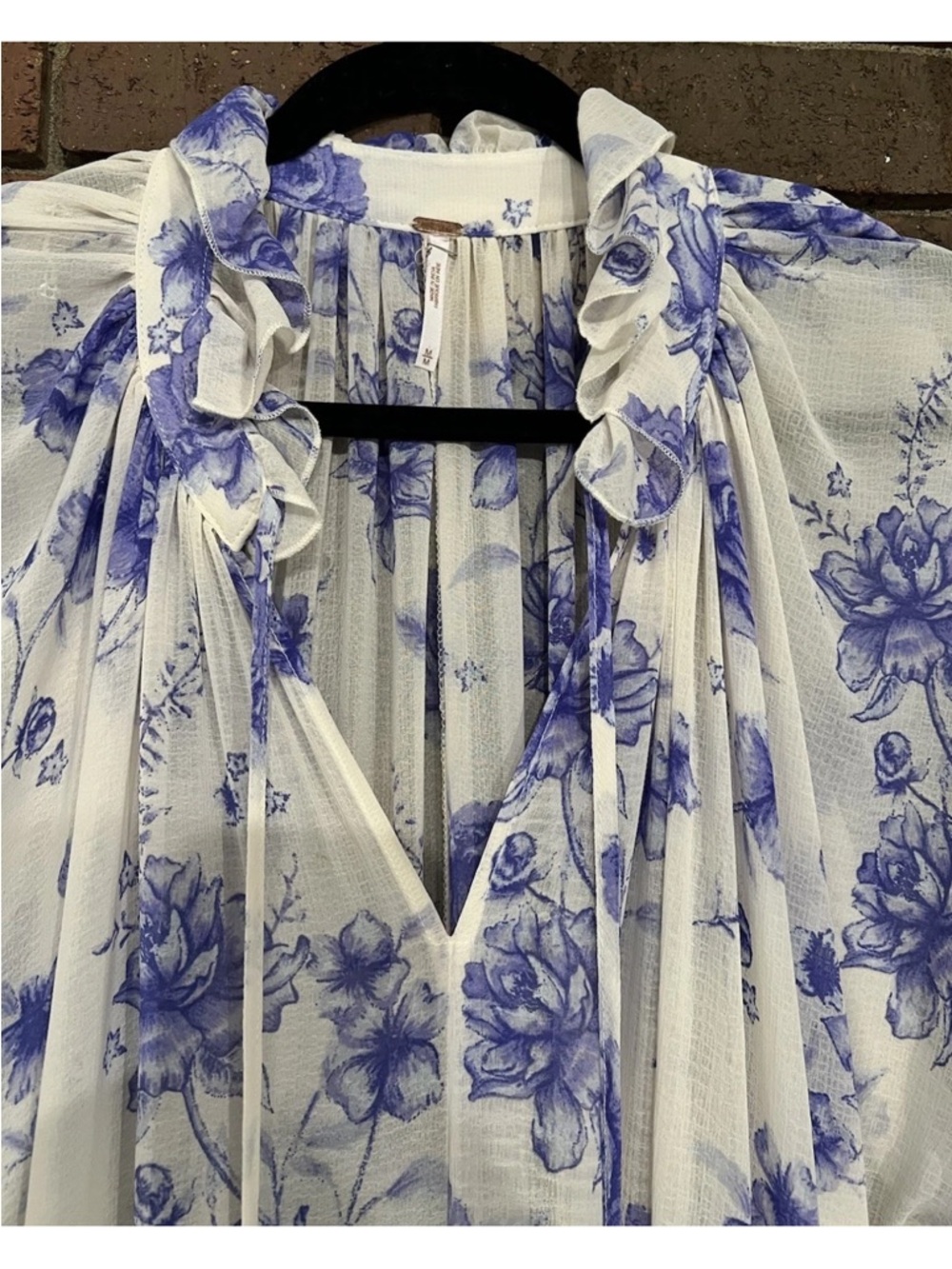 Free People M Ivory Purple Floral Puff Sleeves Dress Ruffle Frayed hem - Picture 4 of 11